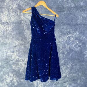 Blue Chenille Sequin Dress Size 0 One Shoulder Party NYE Cocktail Glam